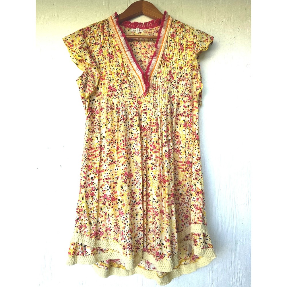 POUPETTE ST BARTH SASHA MINI DRESS PINK YELLOW FLORAL FLUTTER SLEEVE XS